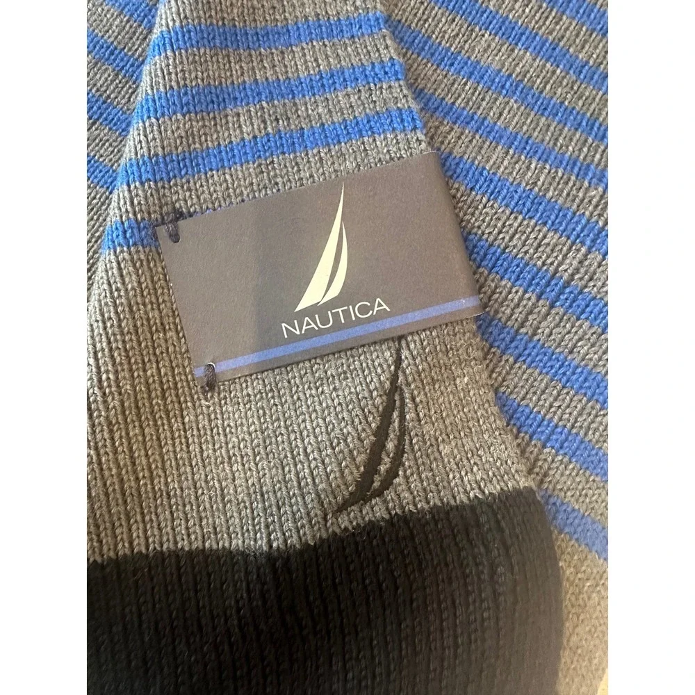 Nautica Mens Grey Blue Striped Knit Scarf Wool Blend Winter Accessory New
